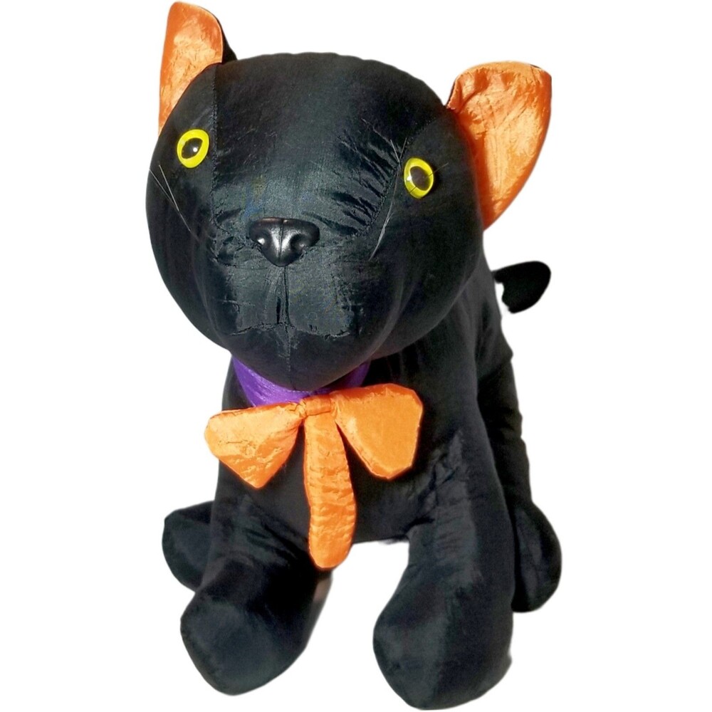 Nylon Black Cat Plush Vintage Arched Back Halloween Stuffed Animal Orange Bow